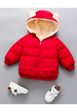 Яркая красная детская куртка с ушками Мишка